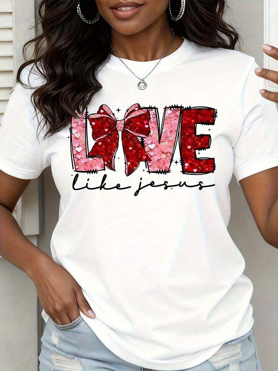 Camiseta Love Like Jesus con Lazo Rojo Brillante para Mujer, Inspirada en la Fe Cristiana, Regalo de San Valentín, Camiseta Blanca Casual, Estilo Vintage Urbano, Unisex, de Algodón, Manga Corta, Cuello Redondo, 100% Algodón - Blanco - Ver 1