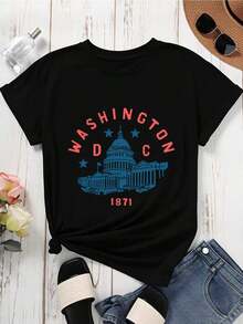 Camiseta gráfica con el edificio del Capitolio de Washington DC de 1871 para mujer, estilo casual de manga corta - Estilo vintage urbano, unisex, holgada, de algodón 100% con cuello redondo. - Negro - Ver 4