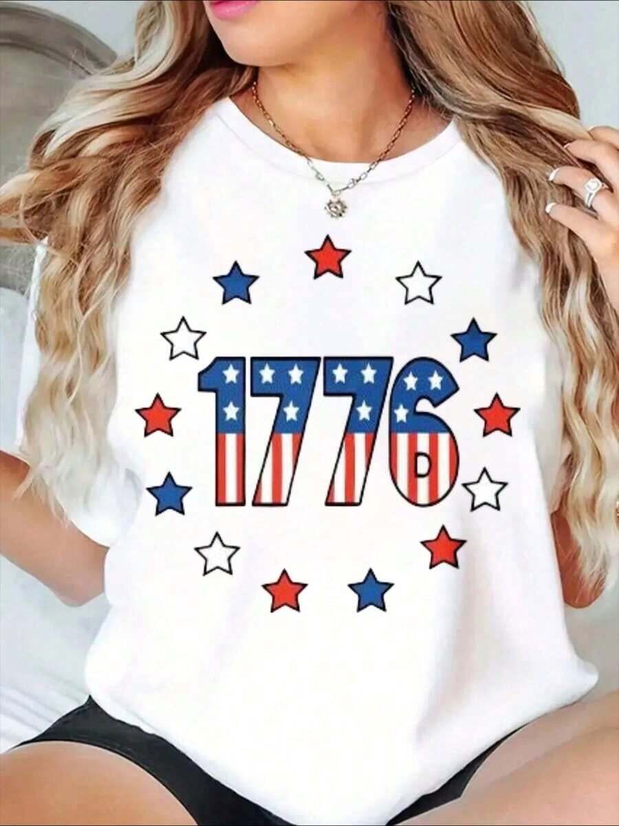 Camiseta Patriótica 1776 con Estrellas de la Bandera Americana para Celebración del Día de la Independencia para Mujer - Estilo Vintage Urbano Unisex, de Algodón, Manga Corta, Cuello Redondo, 100% Algodón - Blanco - Ver 1