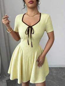 Vestido corto de manga corta ajustado y acampanado con diseño de lazo en color albaricoque y marrón, elegante para mujer, primavera/verano - Amarillo - Ver 4