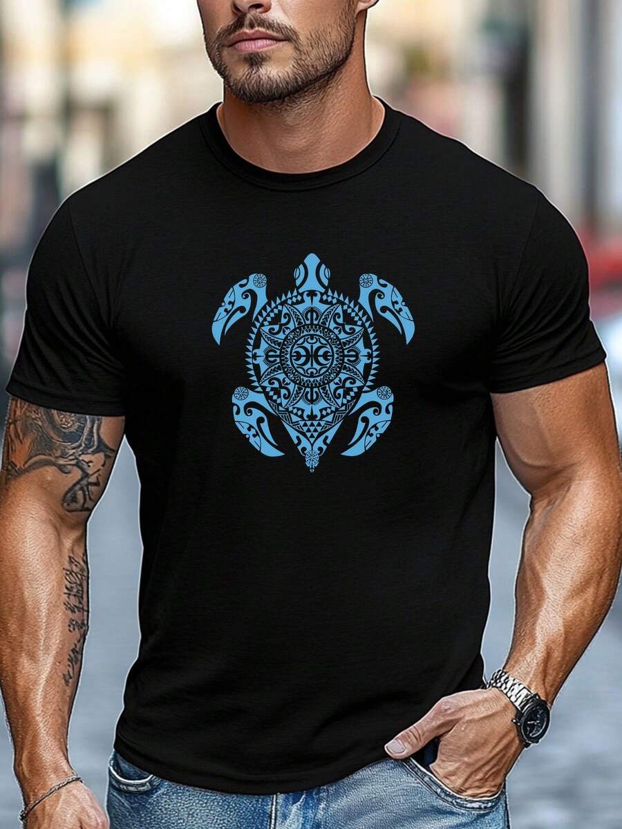 Camiseta de talla grande para hombre, cómoda y versátil, simple y limpia, camiseta de verano casual de manga corta y cuello redondo con estampado de tortuga marina azul, TALLA GRANDE - Negro - Ver 1