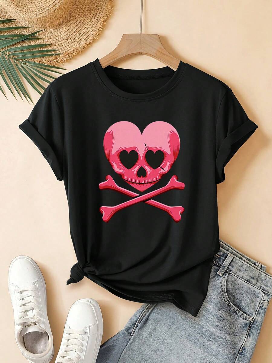 Camiseta de mujer con estampado de calavera y corazón rosa, diseño moderno, alegre y lindo. De manga corta, cuello redondo, estilo pullover, lavable a máquina, adecuada para el uso diario casual en la calle. Una opción de regalo ideal, adecuada para el hogar, la oficina y otras ocasiones. - Negro - Ver 1