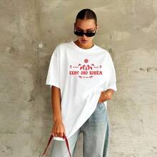 Camiseta de Mujer de Algodón 100% Puro, Estilo Ruso, con Estampado de Letras Artísticas, Estilo Casual de Verano, Estilo INS, Holgada, Y2K, Urbana, Minimalista, Oversize - Blanco - Ver 1