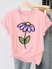 Camiseta Vintage para Mujer con Estampado de Margaritas Moradas - Blusa Suave de Cuello Redondo y Manga Corta - Top Compatible |   Blusa Casual de Primavera, Verano y Otoño, Adecuada para Uso Diario, Lavable aáquina, Estilo Retro Juvenil - Rosa - Ver 6