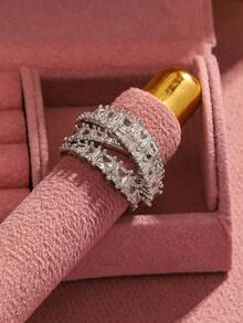 1 pieza Anillo de banda ancha con circonita cúbica chapado en oro blanco de lujo y elegante, adecuado para el uso diario, citas/eventos formales, regalo de vacaciones para mujeres - 1 pieza de estilo B - Ver 5