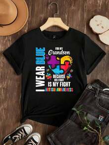 Camiseta de Mujer con Estampado de Concientización sobre el Autismo, Opciones en Blanco y Negro, Diseño de Pieza de Rompecabezas y Texto, Camisetas Gráficas Casuales para Uso Diario, Tops de Verano, Camisetas Gráficas, Conjuntos de Verano, Camisetas Cortas para Mujer, Ropa Linda de Algodón Vintage para Mujer, Playera Holgada para Mujer - Negro - Ver 2
