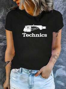 ComfortableCamiseta de Cuello Redondo y Manga Corta Suelta con Estampado Tecnológico , Hecha de Tela de Poliéster, Ropa Deportiva para Todas las EstacionesFashion All-match Women's Short Sleeve T-shirt, Basic Style for Inner & Outer Wear - Negro - Ver 1