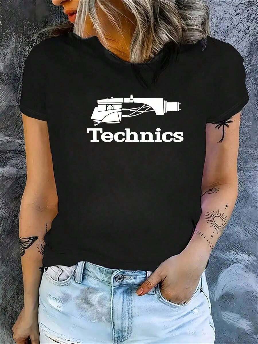 ComfortableCamiseta de Cuello Redondo y Manga Corta Suelta con Estampado Tecnológico , Hecha de Tela de Poliéster, Ropa Deportiva para Todas las EstacionesFashion All-match Women's Short Sleeve T-shirt, Basic Style for Inner & Outer Wear - Negro - Ver 1