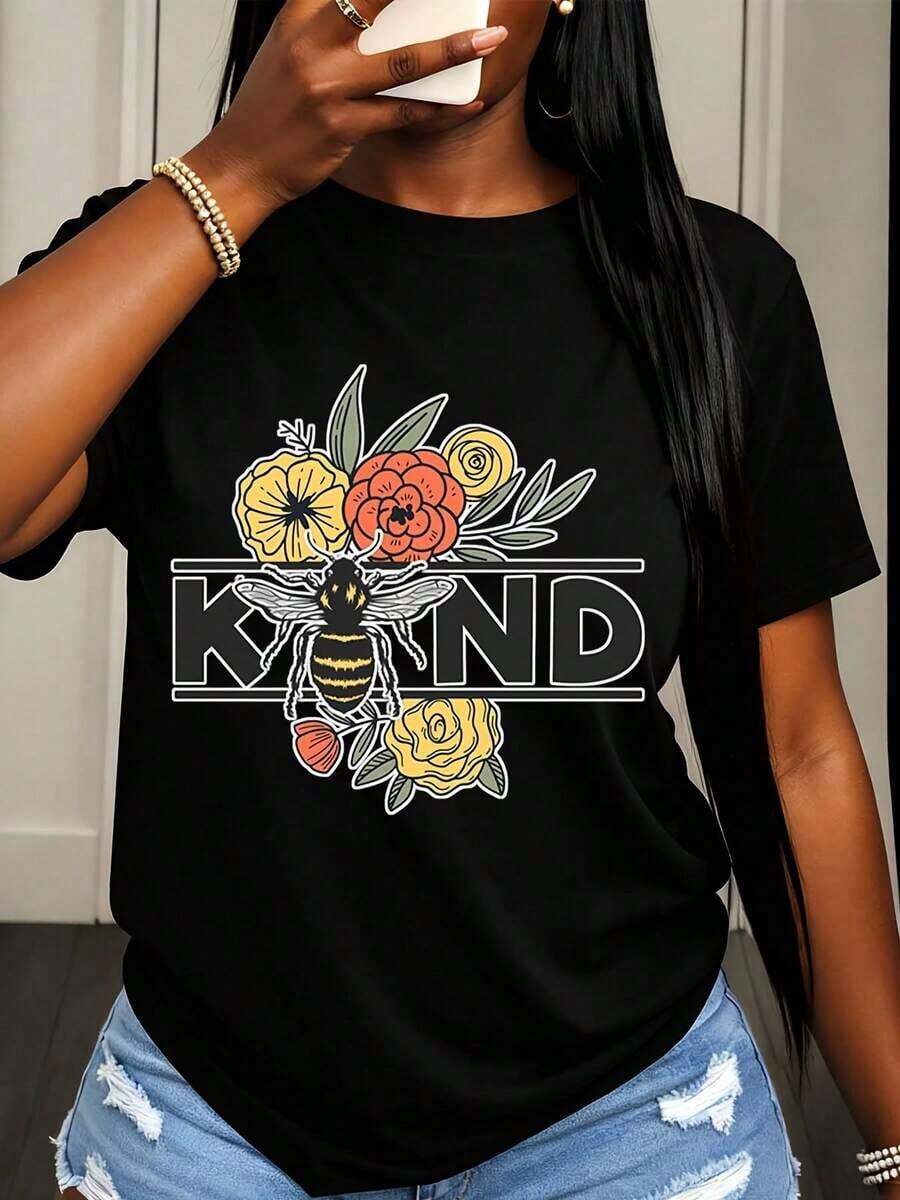 Camiseta Casual de Manga Corta para Mujer con Estampado de Abejas y Flores para Uso Diario y Salidas - Negro - Ver 1
