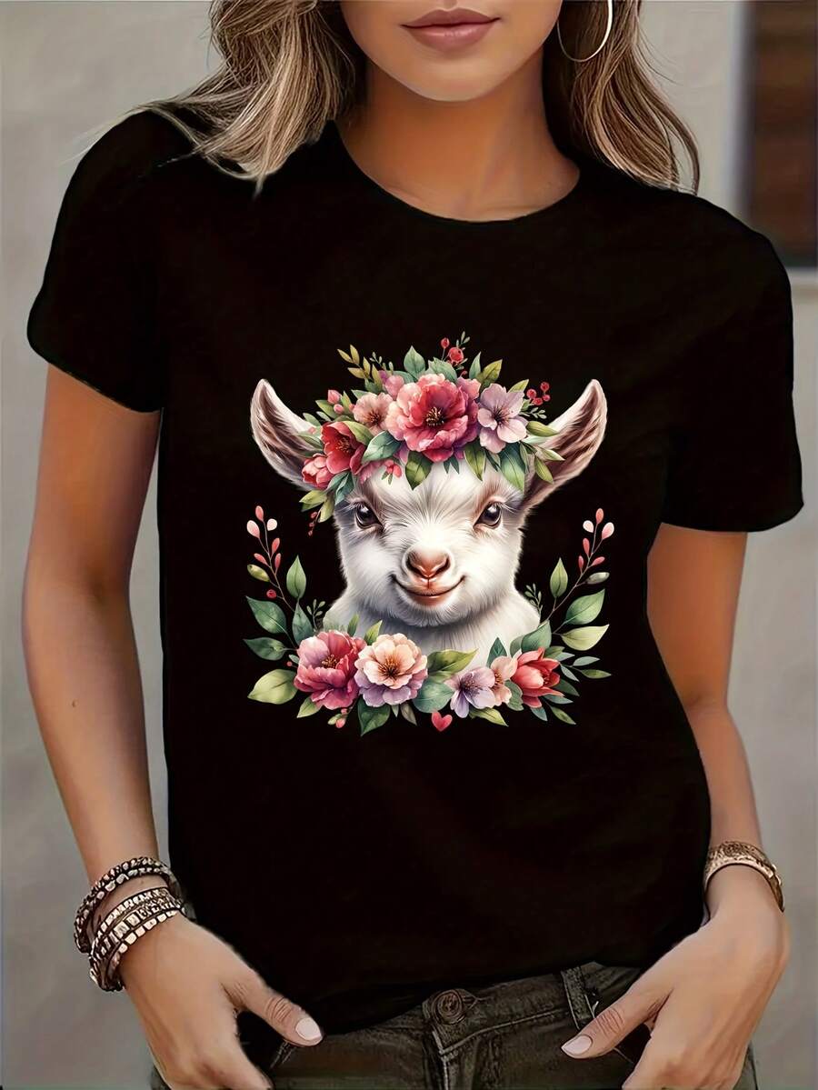 Women's T-shirt Camiseta Casual de Verano para Mujer con Estampado de Cabra Bebé, Cuello Redondo, Manga Corta, Mezcla de Poliéster, Ropa de Verano, Estilo Casual, Ajuste Cómodo. - Negro - Ver 1