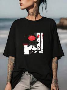 Camiseta de moda de algodón de gran tamaño para mujer 2026, ultra suave, 180G, con estampado de rosas a la moda, adecuada para reuniones familiares - una idea de regalo perfecta para el verano, ligera y cómoda para el uso diario, diseño elegante, adecuada para la oficina y salidas en equipo. Camiseta de manga corta cómoda, suave y sencilla para uso diario. - Negro - Ver 1