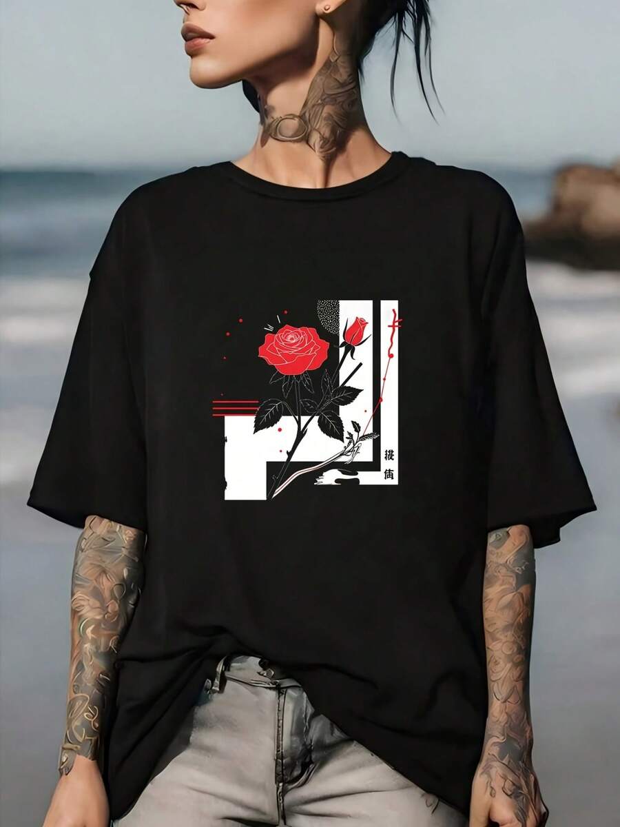 Camiseta de moda de algodón de gran tamaño para mujer 2026, ultra suave, 180G, con estampado de rosas a la moda, adecuada para reuniones familiares - una idea de regalo perfecta para el verano, ligera y cómoda para el uso diario, diseño elegante, adecuada para la oficina y salidas en equipo. Camiseta de manga corta cómoda, suave y sencilla para uso diario. - Negro - Ver 1
