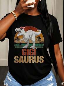 Camiseta Casual para Mujer con Estampado de Dinosaurio Gigi Saurus, Lazo y Palmera al Atardecer para Salidas de Verano y Uso Diario - Negro - Ver 6