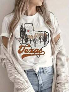 1 pieza, Camiseta estampada de moda para mujer - Top casual de manga corta con cuello redondo - Top casual ligero, transpirable y cómodo - Ropa diaria de moda para mujer - Nueva camiseta elegante - Camisetas casuales de manga corta para hombre y mujer - 180g Algodón 100% - Blanco - Ver 7