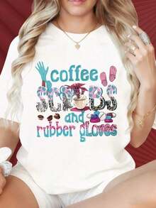Camiseta de mujer con cuello redondo y mangas cortas, divertida para estampar, camiseta de mujer con cuello redondo y mangas cortas, divertida para estampar, camiseta de mujer con estampado de café y guantes de goma, camiseta de regalo para enfermeras, ropa de trabajo divertida para trabajadores sanitarios, adecuada para fiestas de Navidad, actividades deportivas, fiestas de vacaciones, salidas, deportes y otros regalos navideños. Adecuado para fiestas navideñas, actividades deportivas, fiestas de fin de año, salidas, deportes y otros regalos navideños. Algodón puro. - Blanco - Ver 4