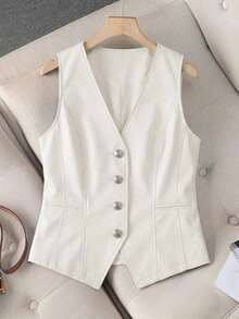 Áo vest nữ cổ chữ V không tay mới về, áo kiểu nữ, áo cardigan cài nút, áo kiểu sành điệu, áo kiểu thanh lịch, áo kiểu thường ngày màu trắng - trắng - Xem 3