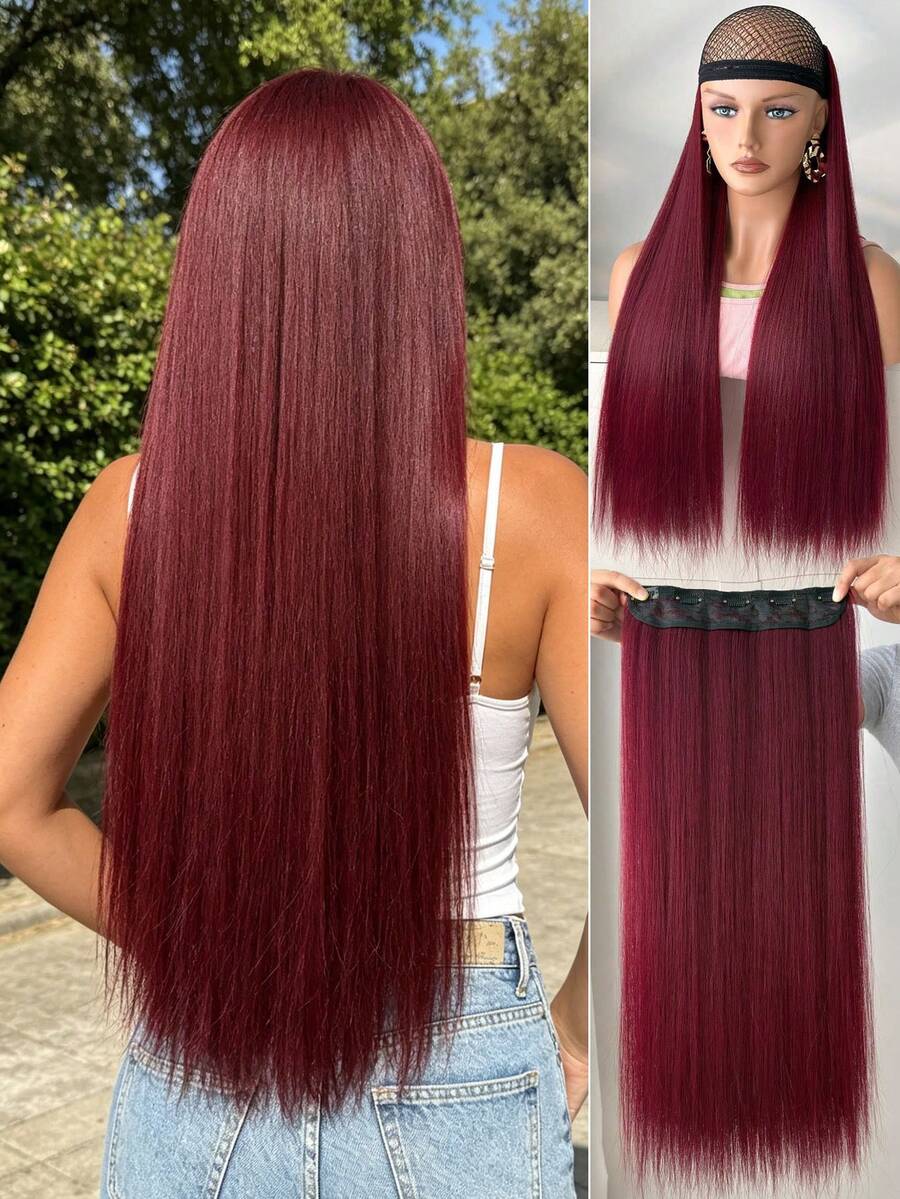 28 Inch Burgundy Straight Long Synthetic Hair Ponytail Extension, Suitable For Women