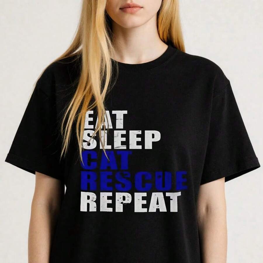 Camiseta con Estampado Gráfico "Eat Sleep Cat Rescue Repeat" para Mujer, Tallas S-4XL, Regalo para el Día de la Madre - Negro - Ver 1