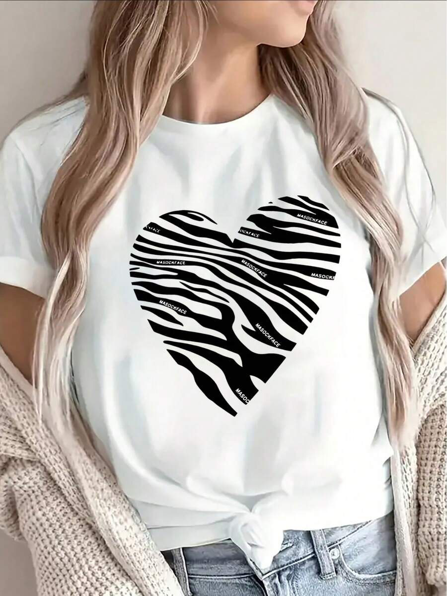 Women's Casual Short-Sleeved Polyester T-Shirt With A Zebra Print Heart Design. Suitable For Home, Cafes, Or Casual Outdoor Wear. This Lightweight And Durable Black Top Offers A Comfortable Everyday Experience. It's Perfect For Outdoor Wear, Cafes, And Casual Occasions. This Top Features A Heart Print And Is Made Of Breathable, Durable Material. It's A Stylish And Practical Choice For Casual Wear. - 白色 - 查看 1