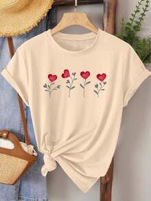 Camiseta de manga corta de gran tamaño con estampado de corazones y flores, cuello redondo vintage, estilo bosque fresco, corte holgado, ropa de mujer versátil para fiestas elegantes y uso diario, primavera-verano 2026, 100% algodón. - Albaricoque - Ver 1