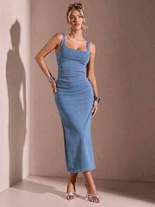 Vestido casual de verano de mezclilla sin mangas y ajustado para mujer - Lavado ligero - Ver 1