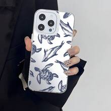1pc INS Style Blue & White Ocean Animal Anti-Drop Soft Phone Case, Minimalist Vacation Vibe Protective Cover, Best Gift Choice, Compatible With IPhone 17/17Pro/17ProMax/16/11/16Plus/16ProMax/16e/15ProMax/13/14/12/14ProMax/12ProMax/13ProMax/12Pro/13Pro/14Pro - White Frames, Matte White - View 3