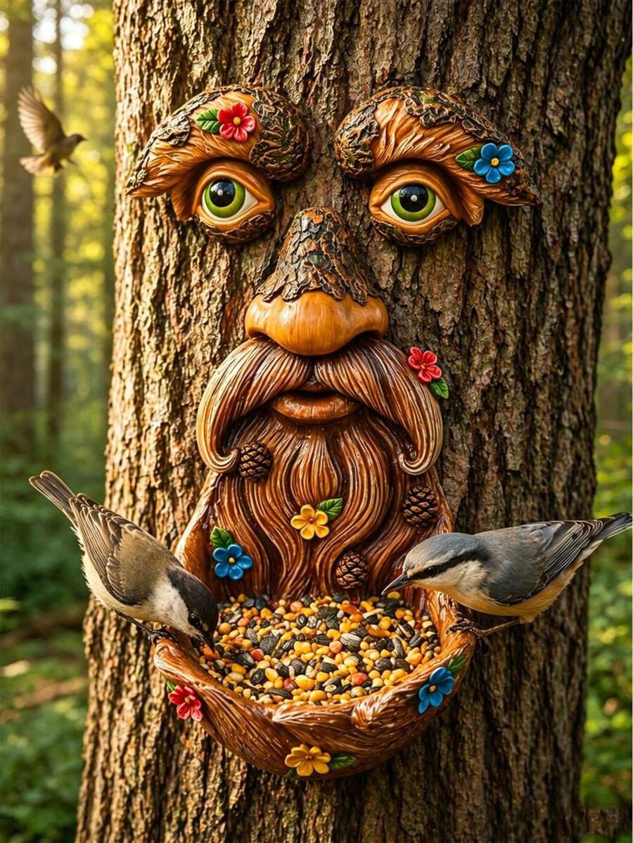 Comedero de pájaros con cara de árbol, decoración de resina de anciano abrazando árbol, escultura de jardín onírica, comedero de pájaros para el patio, decoración de cara de árbol para exteriores adecuada para patio, jardín trasero, bosque, jardín, comedero perfecto para pájaros silvestres, regalo de jardinería único para amantes de la naturaleza - B - Ver 1