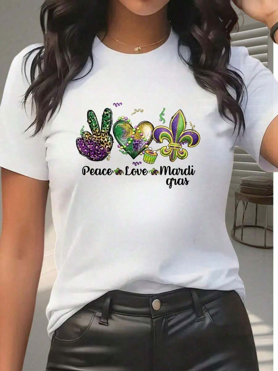 Camiseta Casual de Moda para Mujer con Diseño Festivo de Paz y Amor para Mardi Gras, Ideal para Celebraciones de Primavera y Verano, Regalo Perfecto para Amigos y Familiares. - Blanco - Ver 1