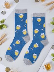 1 Pair Grey-Blue Splice Men's Mid-Calf Socks With Fashionable Beer Print, Soft & Comfortable - Multicolor - View 4