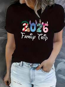 Camiseta casual de manga corta para mujer con divertidos gráficos de dibujos animados y letras, hecha de tela mezclada que ofrece algo de elasticidad, lavable a máquina, diseñada para brindar comodidad durante todo el año con cuello redondo, perfecta para uso diario. - Negro - Ver 6