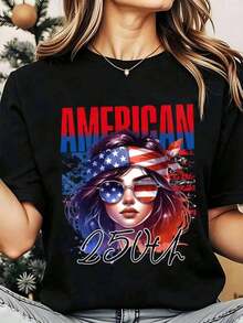 Camiseta de Cuello Redondo para Mujer con Estampado de la Bandera Americana, Chica con Gafas de Sol y Estrellas, Celebración del 250º Día de la Independencia, Vacaciones Patrióticas, 250g, Playera Holgada para Mujer - Negro - Ver 1