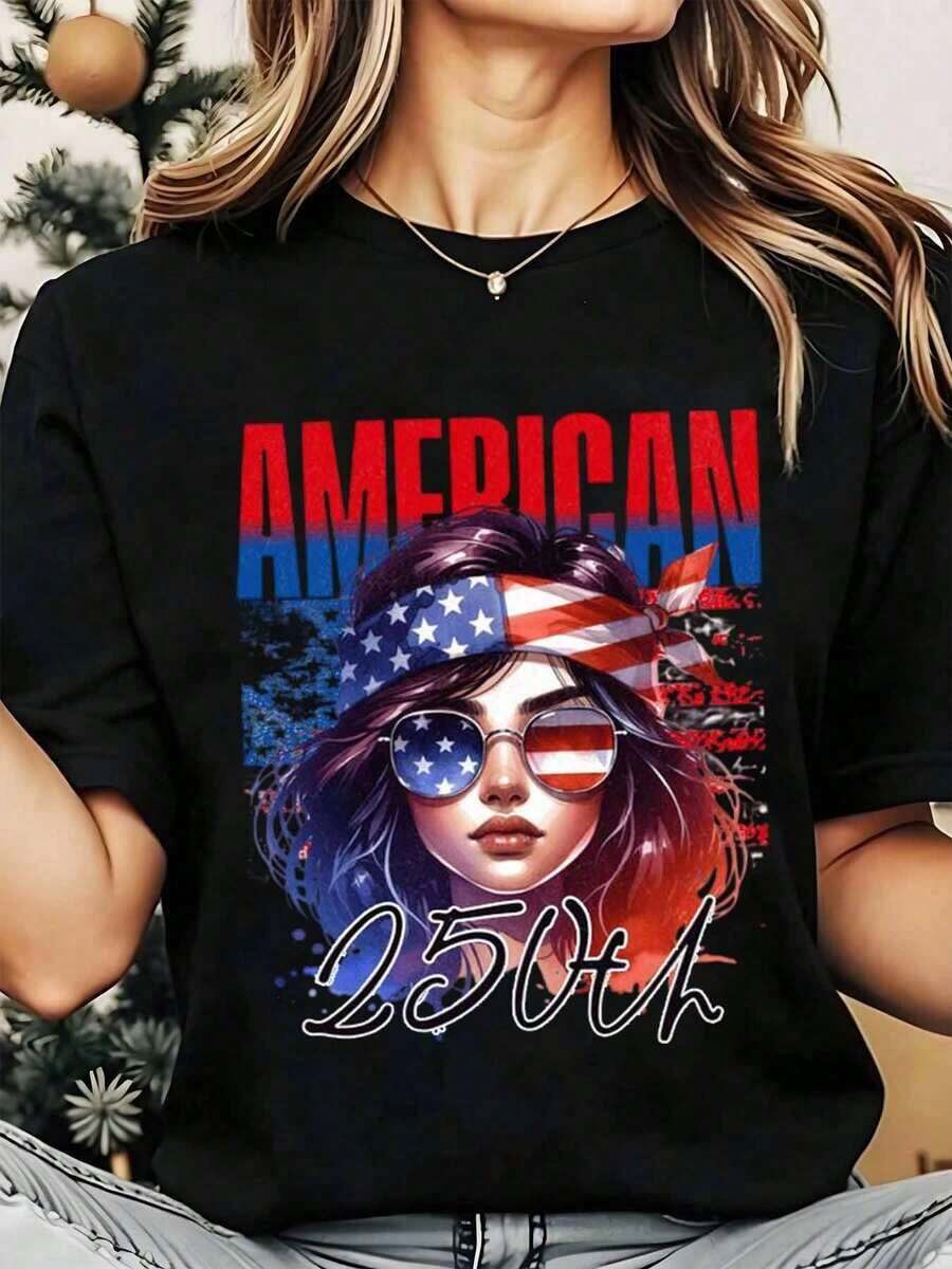 Camiseta de Cuello Redondo para Mujer con Estampado de la Bandera Americana, Chica con Gafas de Sol y Estrellas, Celebración del 250º Día de la Independencia, Vacaciones Patrióticas, 250g, Playera Holgada para Mujer - Negro - Ver 1