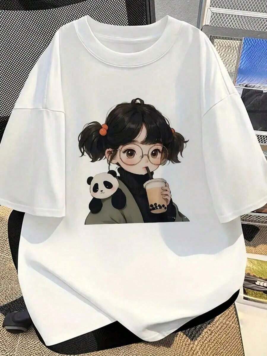 Camiseta holgada para mujer FashionNEW, con estampado de anime de té con leche, muy linda. | Camiseta de manga corta con cuello redondo, suave y transpirable, estilo casual de verano, con un bonito diseño de manga japonés, adecuada para uso casual y convenciones de anime, lavable a máquina, corte casual - Camiseta unisex de algodón suelto con cuello redondo y manga corta, estilo vintage urbano. |   Diseño exquisito |   Suelto y cómodo |   Fácil de combinar | - Blanco - Ver 1