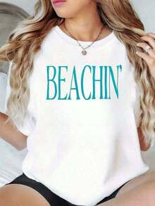 CasualBasic 1 Piece Women's Beach Vacation Graphic Print T-Shirt, Summer Casual Style, 100% Cotton, Round Neck, Loose Fit, Short Sleeve, Comfortable Top For Daily Wear, Women's Cotton Clothing. - 白色 - 查看 7