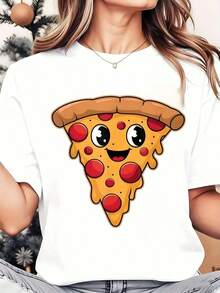 Women's T-Shirt With Pizza Slice Print, Round Neck, Casual, Everyday Wear, Soft And Comfortable, For Vacation, 220g, Loose Fit T-Shirt For Women - 白色 - 查看 7