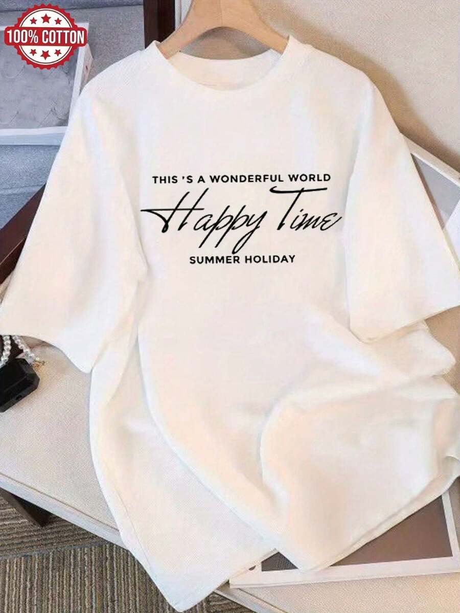 Camiseta de Mujer: Camiseta de Verano Moderna de Algodón Puro, Cuello Redondo Holgado, Ropa Versátil para Mujer, Camiseta Casual Cómoda para Adolescentes, Tops de Manga Corta Vibrantes y Juveniles para Uso Diario. - Blanco - Ver 1