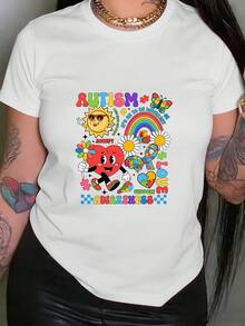 Camiseta de Mujer con Estampado de Concientización sobre el Autismo, Manga Corta, Cuello Redondo, Estilo Casual, Adecuada para Verano y Primavera, Ropa de Mujer - Blanco - Ver 7