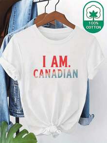 Camiseta de mujer 100% algodón puro, estampada con las palabras "100%" y "CANADIAN". Cuello redondo, manga corta, ropa de verano, cómoda y transpirable para uso diario. Ropa de verano para mujer. Camisetas para mujer. - Blanco - Ver 6