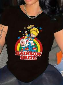Camiseta Casual de Cuello Redondo para Mujer con Personajes de Dibujos Animados Vibrantes y Gráfico de Arcoíris, Manga Corta y Micro Elástica para Primavera/Verano, Longitud Regular Cómoda - Regalo Ideal, Camisetas para Damas - Negro - Ver 6