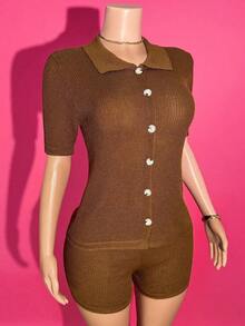 Conjunto de suéter a rayas verde y albaricoque - Cuello polo, parte superior a rayas con abertura frontal + pantalones cortos, conjunto de pantalones térmicos de punto - Nuevo, para vacaciones de verano, resort, vacaciones en la playa, casual, ci - Marrón - Ver 9