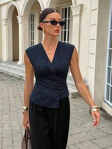 Blusa ajustada sin mangas con cuello en V para el trabajo - Azul marino - Ver 7