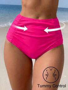 Braguita de bikini de unicolor con cintura alta y control de abdomen con plisado para mujeres - Blanco - Ver 5