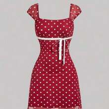 Nana's Women's Clothing Store  MOD Vestido con estampado floral de pliegues de malla con lazo - Burdeos - Ver 1
