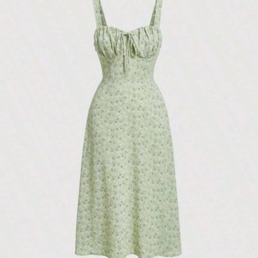 guang zhou mi qian shang mao MOD Vestido con tirantes de espagueti fruncido con estampado floral colorido y lazo - Estilo soñador y romántico, vestido de verano y primavera para mujer para citas, fiestas, vacaciones de primavera, vacaciones, picnics, festivales, cumpleaños - Verde pastel - Ver 1
