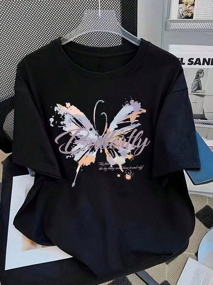 Camiseta de cuello redondo con estampado de patrones 100% algodón - Negro - Ver 1
