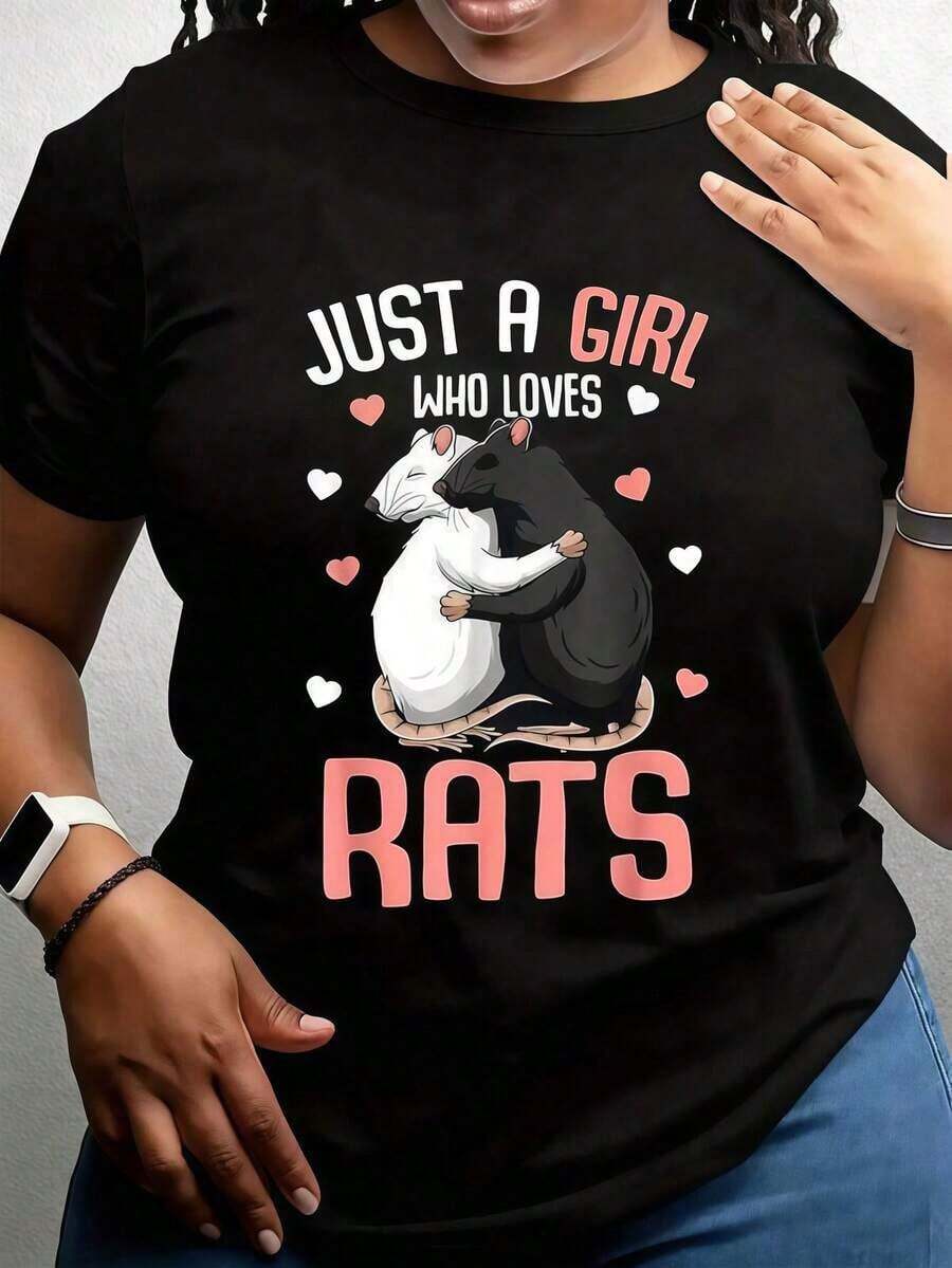 Manga Cortasummer outfits for womenCamiseta Gráfica Casual De Mujer Just A Who Loves Rats - Tela De Punto Suave Y Transpirable, Manga Corta, Cuello Redondo Lavable A Máquina, Top De Moda Primavera-Verano, Las Ratas Son Mi Cosatops de mujerVintage - Negro - Ver 1