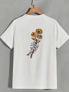 Camiseta Oversize de 180g para Mujer con Estampado de Calavera y Girasol, Top de Verano de Manga Corta, Camiseta Casual de Corte Holgado con Estampado de Moda, Estilo de  2024, Regalo para A - Blanco - Ver 2