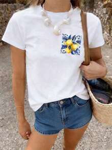 Camiseta Casual de Talla Grande para Mujer - Estampado de Hojas Azules y Limones, Manga Corta, Cuello Redondo, Ligera y Transpirable, Ideal para Uso Diario Casual, Blanca, 100% Algodón - Blanco - Ver 2