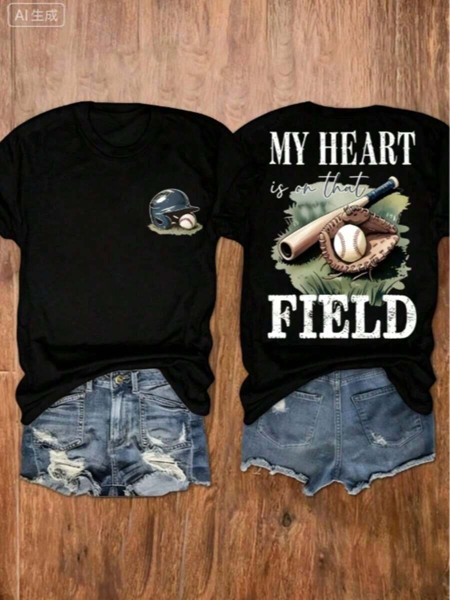 New Arrival 2026: Women's 100% Cotton "Baseball Mom" Print T-Shirt, Soft And Breathable, Crew Neck, For Fall And Winter, Y2K Millennium Style, Urban Fashion, Moisture-Wicking, Casual Wear, Suitable For Celebrations And Parties, Festive Attire. Women's Everyday Wear T-Shirt, 100% Cotton, Soft And Breathable Fabric, Graphic Print - 黑色 - 查看 1