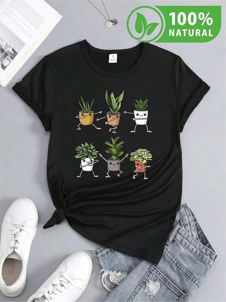 Camiseta negra con divertidos gráficos de macetas animadas ideal para los amantes de las plantas y la moda casual, estilo urbano perfecto para destacar en cualquier ocasión, diseñada para comodidad absoluta, ¡única y a la moda! Nuevas 2023 en México. - Negro - Ver 1